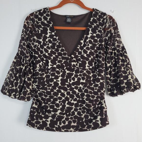 BCBGMaxAzria Tops - BCBG MAXAZRIA Animal Print Bell Sleeve V-neck Top size S Black Y2K Party Office